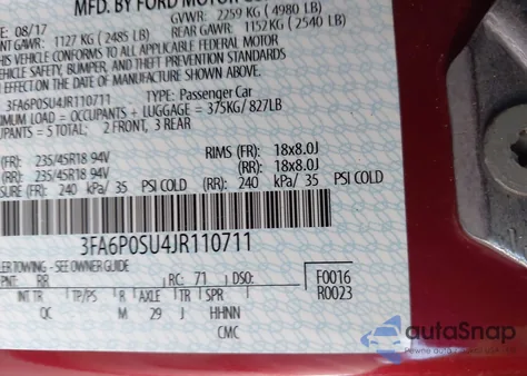 2018 Ford Fusion Energi Platinum из США, поврежденный, VIN 3FA6P0SU4JR110711